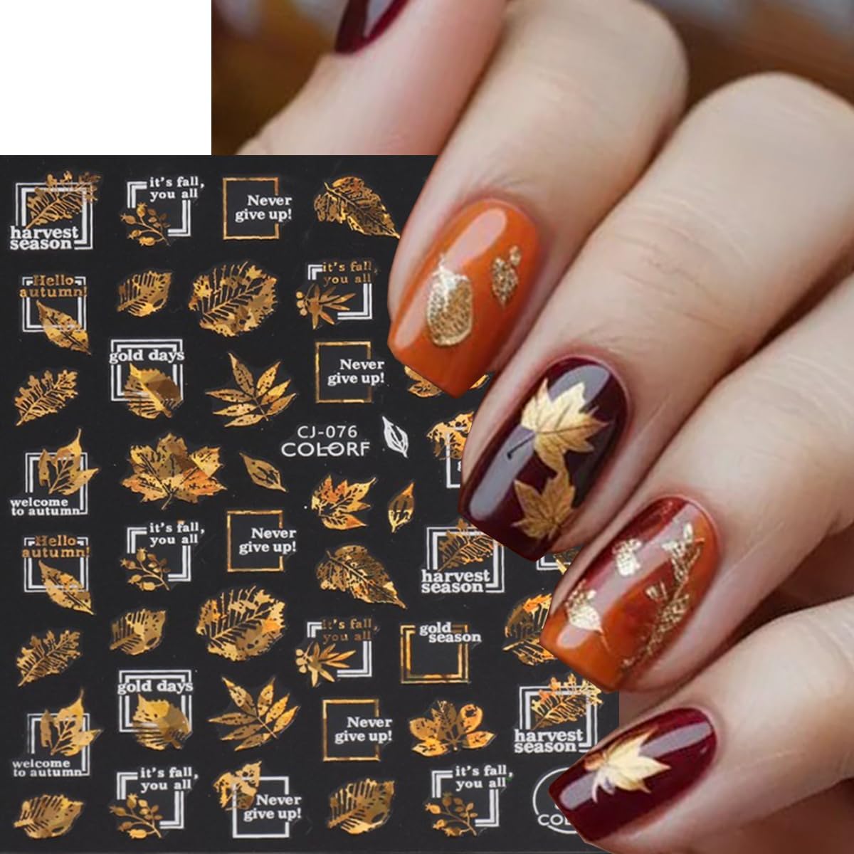 9 Sheets Autumn Nail Stickers Maple Leaf Nail Decals 3D Self Adhesive Nail Art Stickers Bronzing Laser Gold Alphabet Design Fall Thanksgiving Sticker for Nail for Women Manicure Supplies