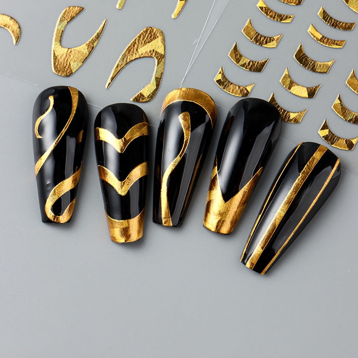 6 Sheets Gold Nail Art Stickers Decals Wavy Stripe Nails Stickers French Tip Nails Decal Self-Adhesive Irregular Lines Nail Art Decal for Women Manicure Decor