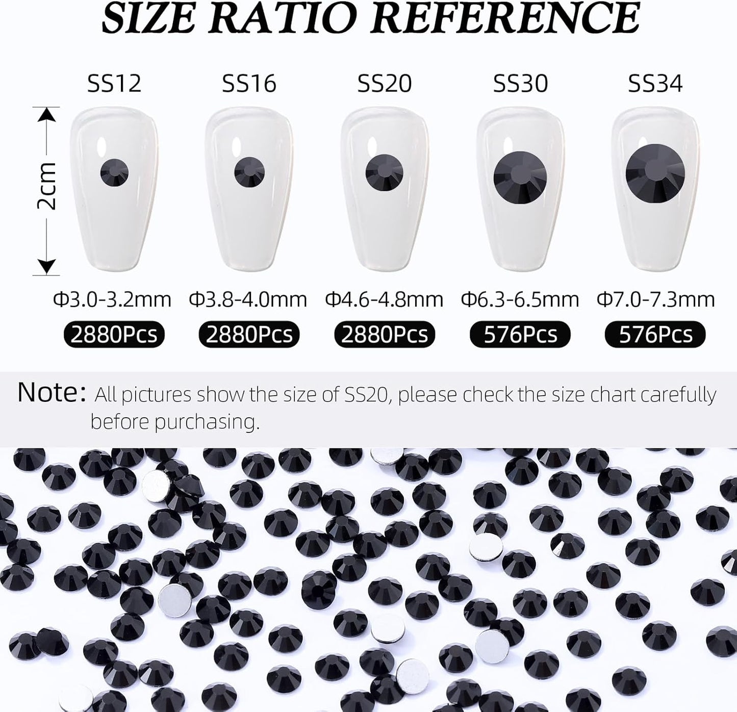 Black Flatback Rhinestones, Glass Rhinestones for Nail Art and Craft, Glue Fix, Loose Crystal Gemstones(Black, SS12, 2880pcs, 2.9-3.0mm)