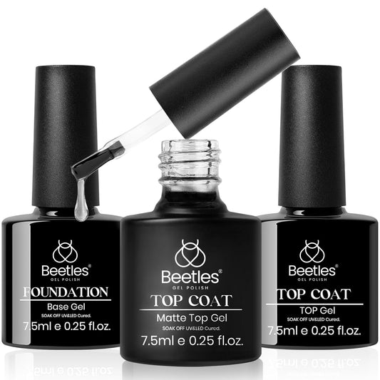 Beetles Matte Top Coat Gel Nail Polish Gel Top Coat & Base Set, 3Pcs Matte & Shiny Top Coat Nail Polish and Base Coat, No Wipe Long Lasting High Gloss and Matte Effects Soak off Uv DIY at Home