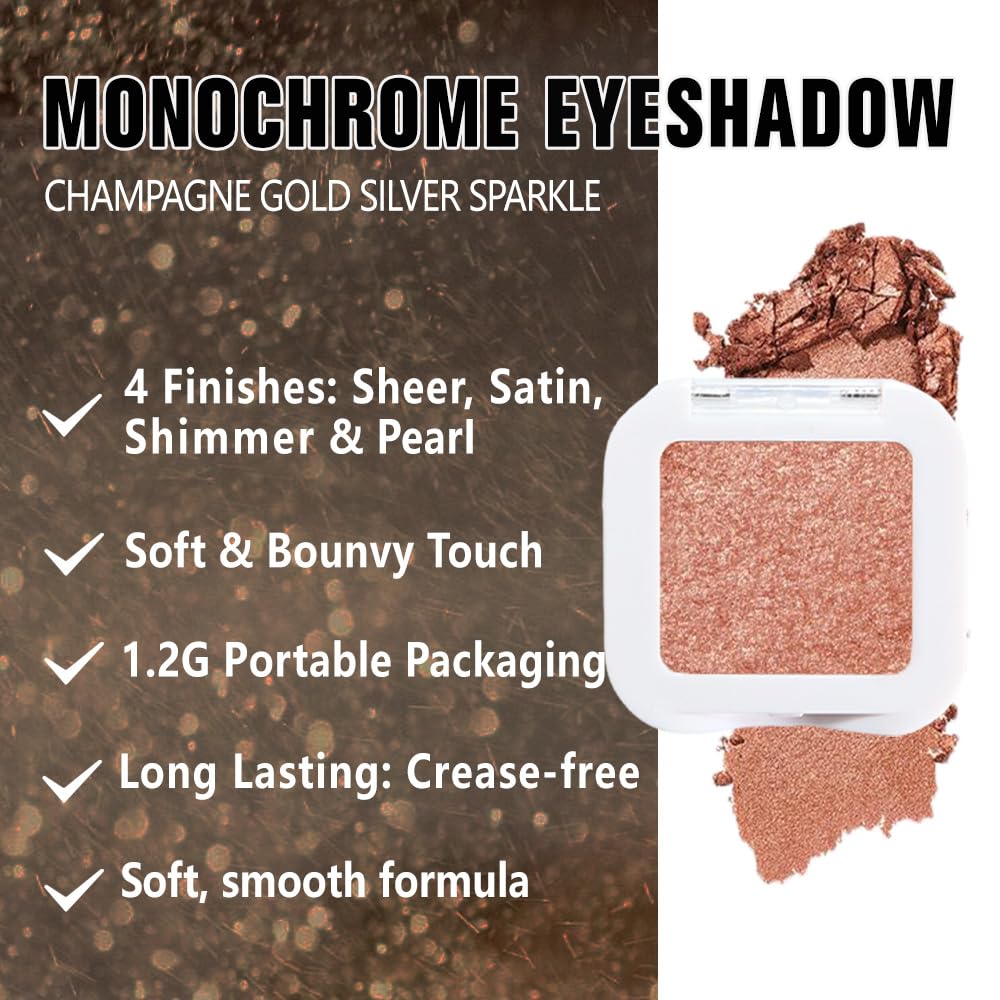 Glittler Single Eye Shadow Palette Makeup, Champagne Gold Sparkle Shimmer Monochrome Eyeshadow For Old Women, Pigmented Waterproof Sombras Para Ojos, Vegan, Talc, Paraben & Cruelty Free, 01