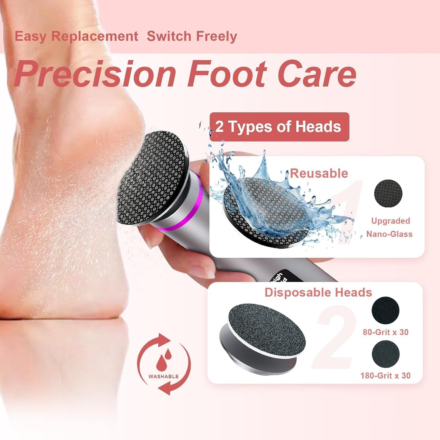 Electric Callus Remover for Feet, 3 Speeds Electric Foot Callus Remover with Powerful Brushless Motor, 2600mAh Runs for 7Hours, Washable Nano Glass Head, 60 Pcs Sandpaper Discs, Gift for Women & Men