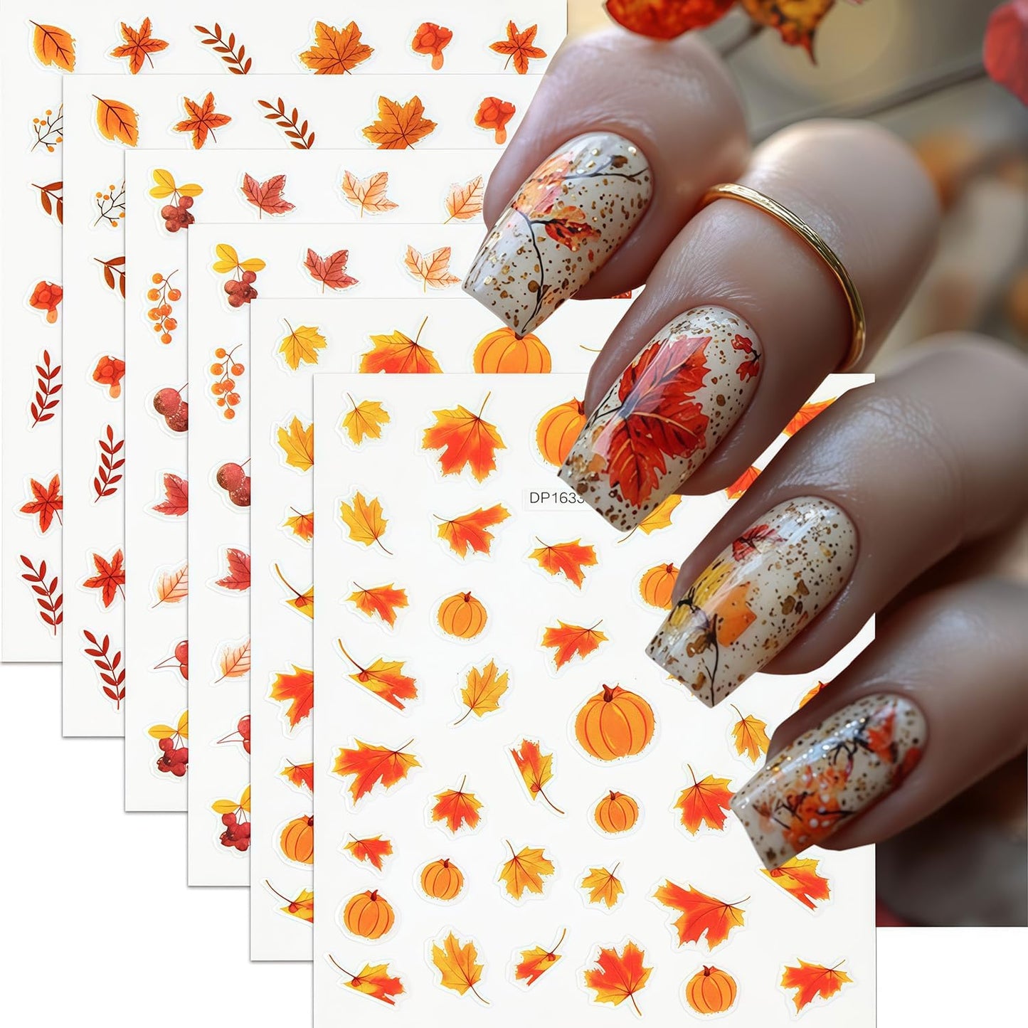 6 Sheets Autumn Nail Art Stickers Fall Maple Leaves Nail Stickers 3D Self-Adhesive Thanksgiving Pumpkin Pattern Nails Sticker Fall Glitter Leaf Nail Decals Holiday DIY Nails Manicure for Women