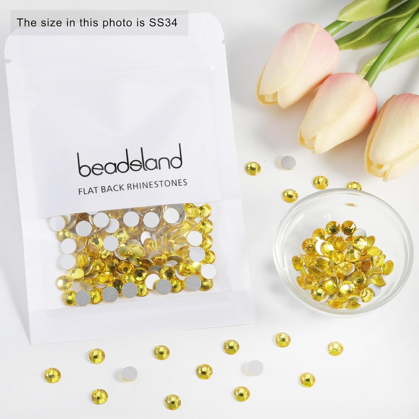 Beadsland 288pcs Flat Back Crystal Rhinestones Round Gems for Nail Art and Craft Glue Fix,Lemon Yellow,SS34,7.1-7.3mm