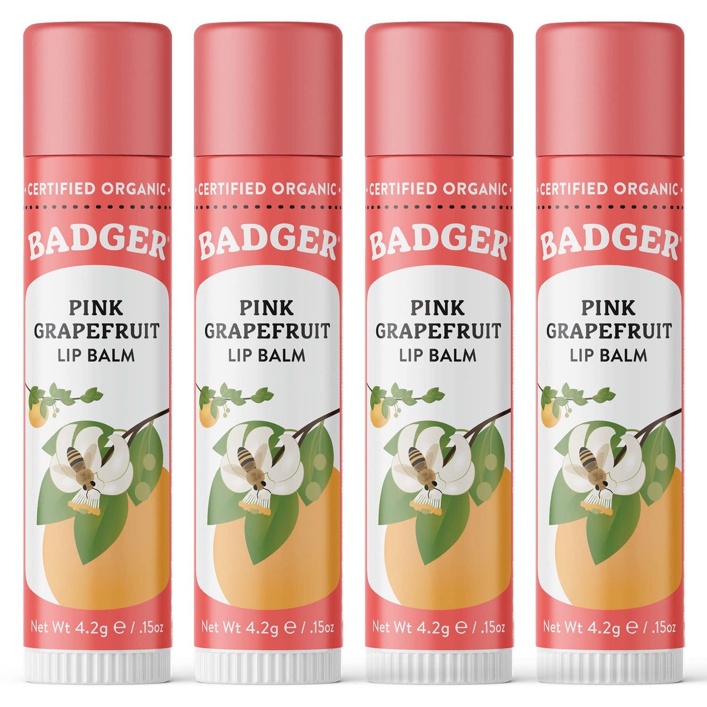 Badger Pink Grapefruit Classic Lip Balm, 100% Organic Lip Balm, Long Lasting Lip Care w/Light Silky Texture, Refreshing & Uplifting, 4 Pack