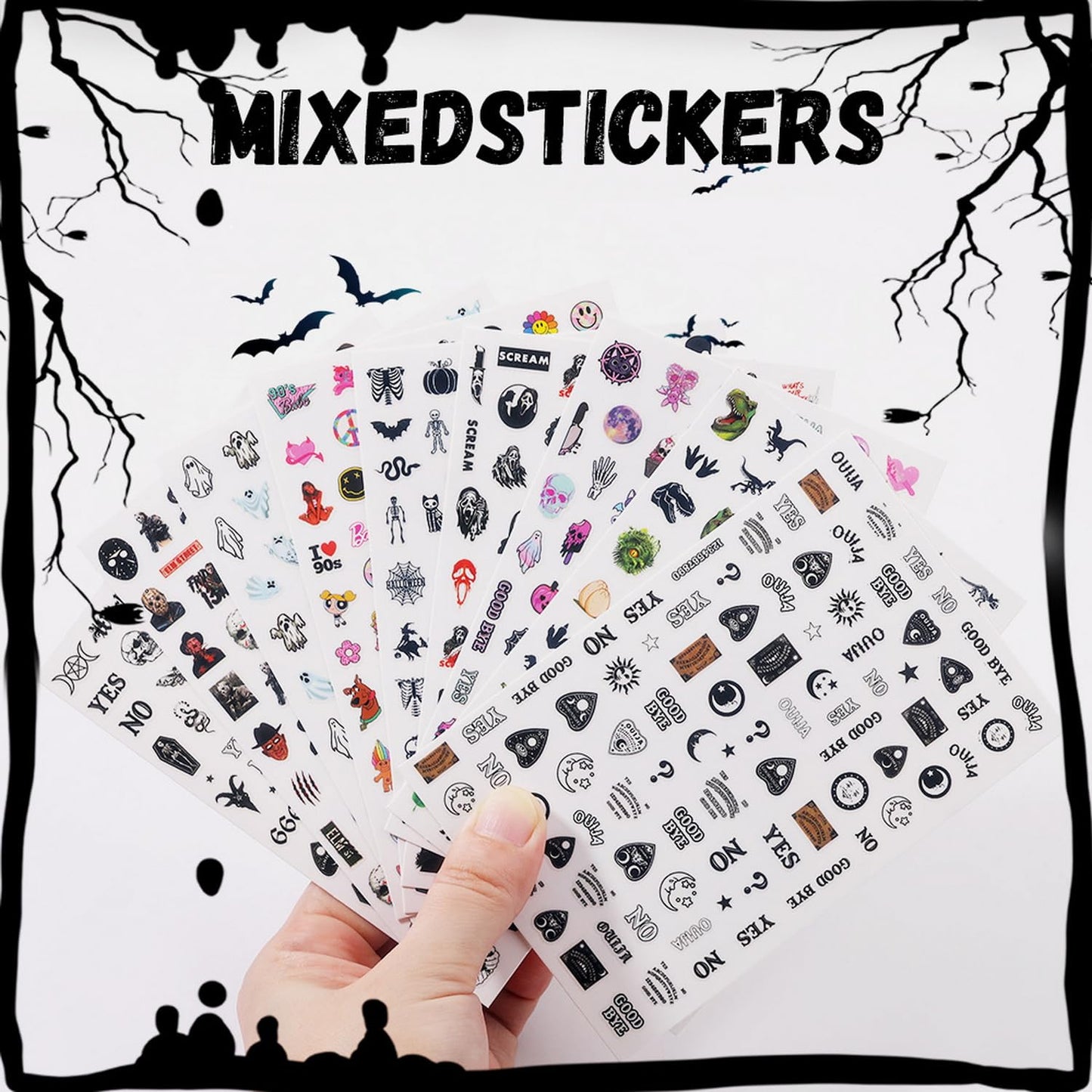 9 Sheets Halloween Nail Art Stickers Decals Scary Film Characters Ghost Face Skull 3D Self-Adhesive Nail Supplies Terror Vampire Spider Web Designs Holiday DIY Manicure Decorations for Women Kids Men