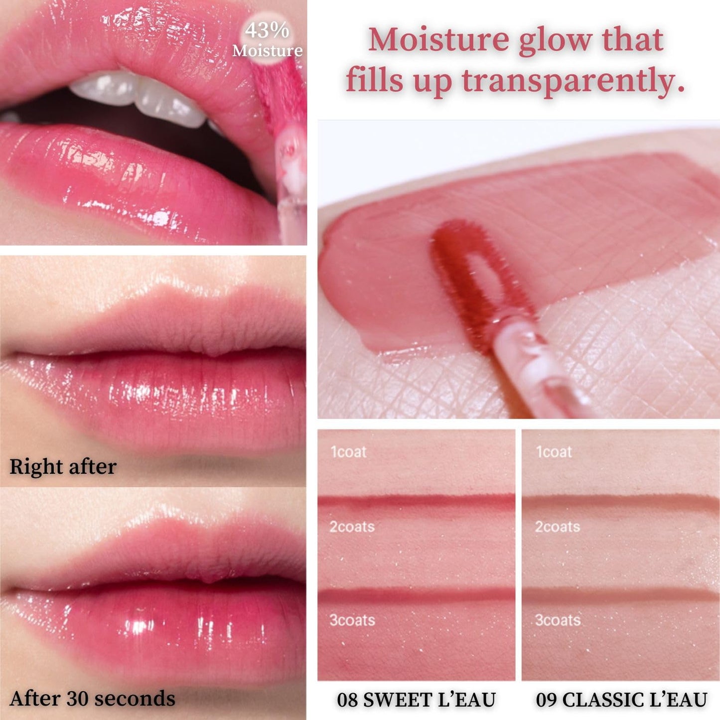 BBIA L’EAU Tint – Glossy & Glow Lip Stain, Watery Lip Tint, Non-Sticky, High Shine Finish, Long-lasting, Moisturizing, Lightweight, Natural, Daily Use, Vegan, Korean Lip Makeup (06 PINK L'EAU)
