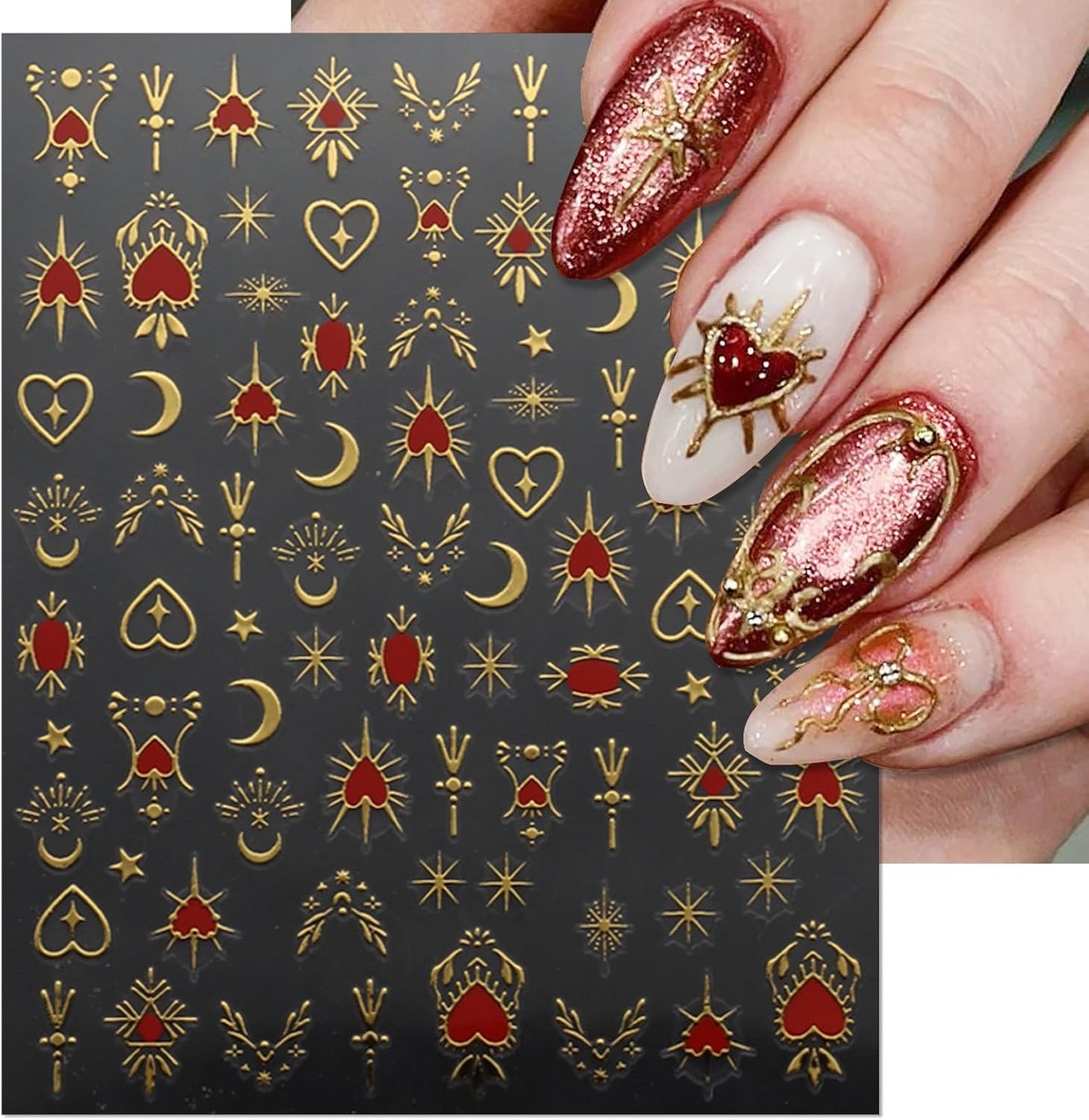 9 Sheets Gold Heart Nail Art Stickers - Valentines Day Self-Adhesive 3D Nail Decals for DIY Golden Silvery Manicure