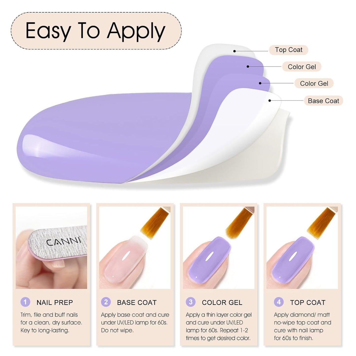 CANNI Purple Gel Polish, 1Pcs Gel Polish Purple Color Pale Violet Nail Polish Gel High Gloss Soak Off U V Gel Nail French Nail Manicure Salon DIY