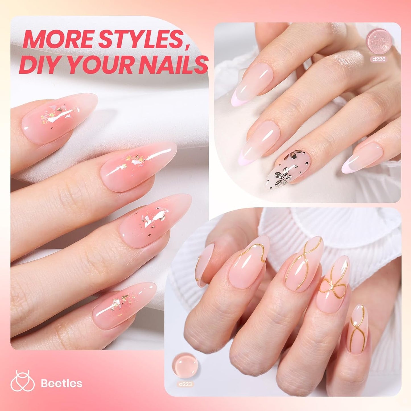 Beetles Jelly Gel Nail Polish Set, 6 Colors Jelly Nude Pink Gel Polish Kit Neutral Sheer Shimmer Glitter Translucent Effect Soak off Uv Nail Concealer DIY Manicure Spring Summer Gift for Women