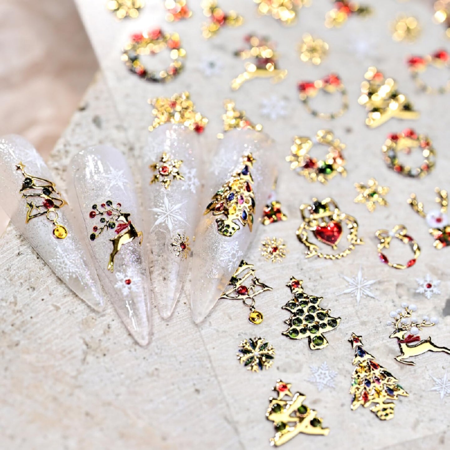 Christmas Nail Stickers for Nail Art Glitter Gold Cute Reindeer Christmas Tree Wreath Nail Art Stickers Xmas 5D Embossed Nail Decals 3D Self-Adhesive Nails Supply Manicure Sliders for Nails Decoration