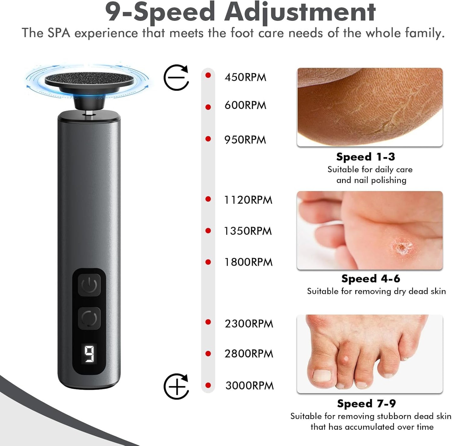 Electric Callus Remover for Feet,Professional Foot File Scraper with 9 Adjustable Speeds,Rechargeable Pedicure Tool with Replacement Sandpaper Discs for Dead Skin Calluses