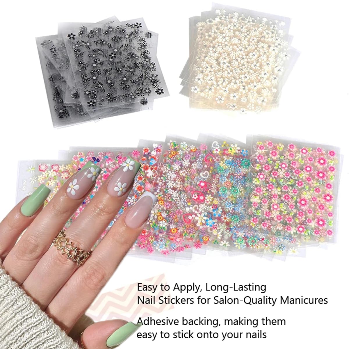 30 Sheets 3D Self-Adhesive Flower Nail Stickers - Black, White, Colorful Cherry Blossoms, Daisy Art for Gel Nails - Spring Design Supplies, DIY Charms Decoration for Women