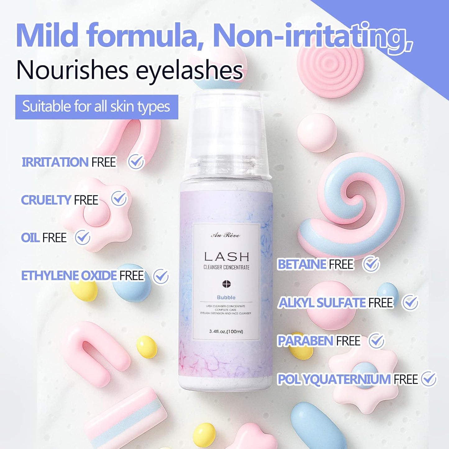 Lash Shampoo Concentrate 100ml Lash Extension Cleanser Oil-Free Eyelash Extension Shampoo with Salon Home Care -Makes 20 Bottles 60ml Eyelash Cleaner,Bubble Gum