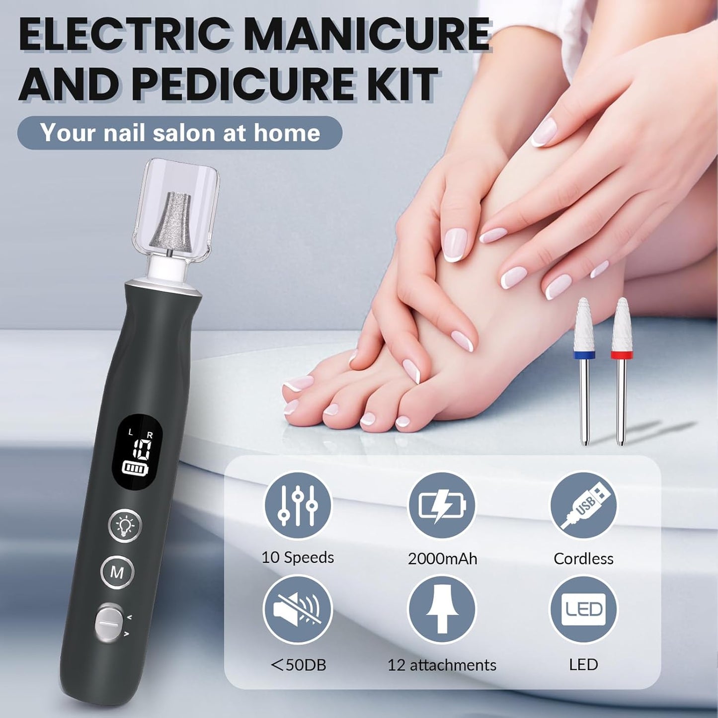 Electric Nail File Drill, Cordless 2000 mAh Rechargeable Nail Filer Electric 12 in 1 Kit Nail Grinder Tool Portable Professional Nail Dril Machine for Acrylic Manicure and Thick Toenails Grinder Care