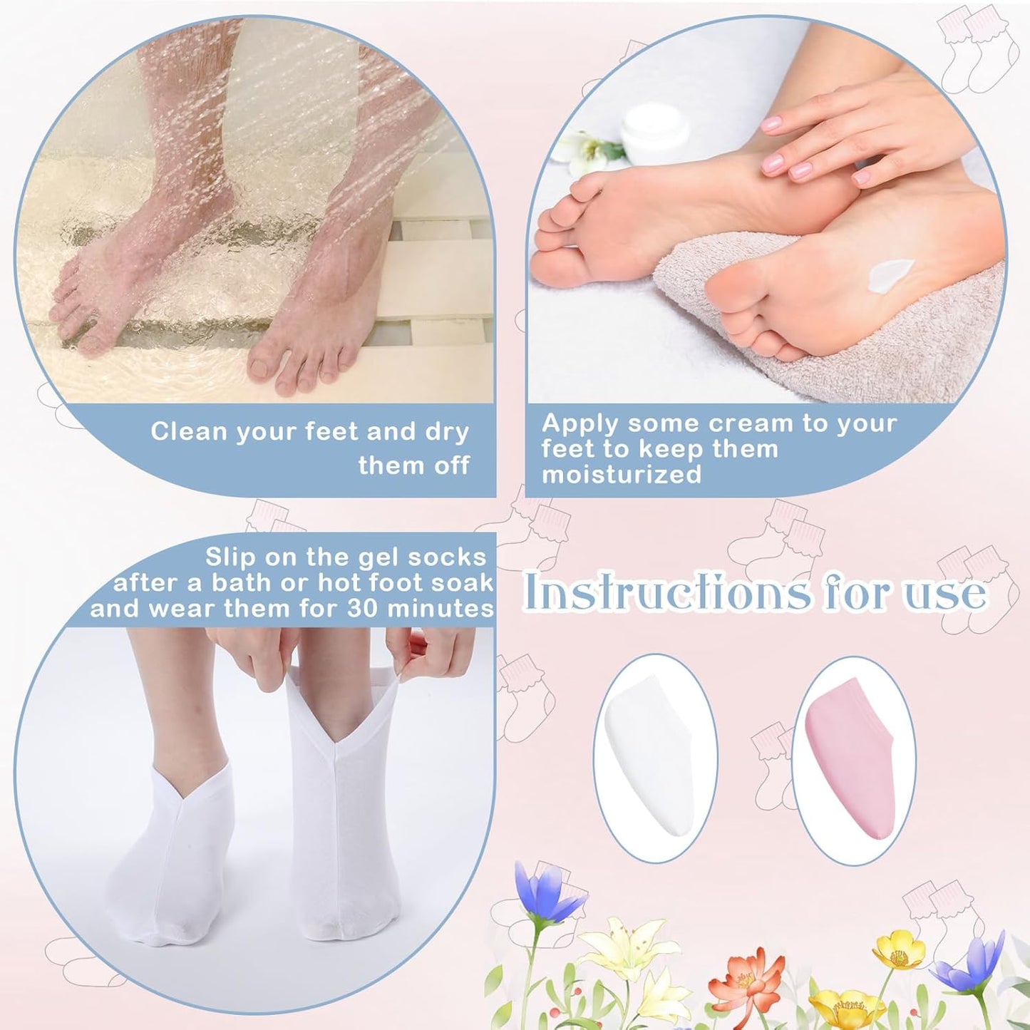 12 Pairs Moisturizing Socks Overnight for Dry Feet Cotton Spa Lotion Cotton Moisture Enhancing Cosmetic Moisturizing Socks for Women Men Foot Care Dry Cracked Feet(Classic,White Pink)