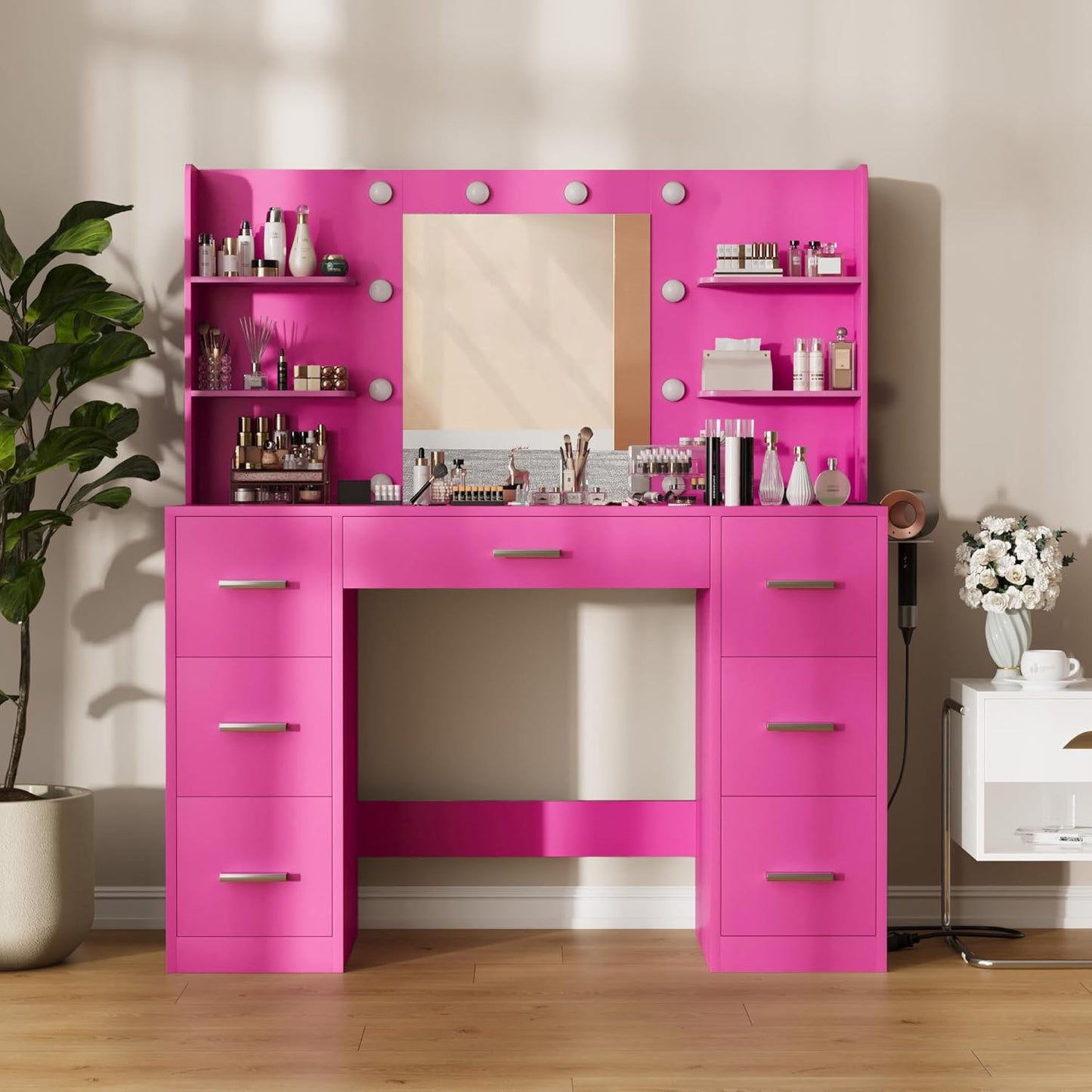 Furmax Vanity Desk with Mirror, LED Lights and Power Outlet Makeup Vanity Table with 7 Drawers and 6 Storage Shelves Dressing Table for Bedroom Dressing Room (Rose Pink)