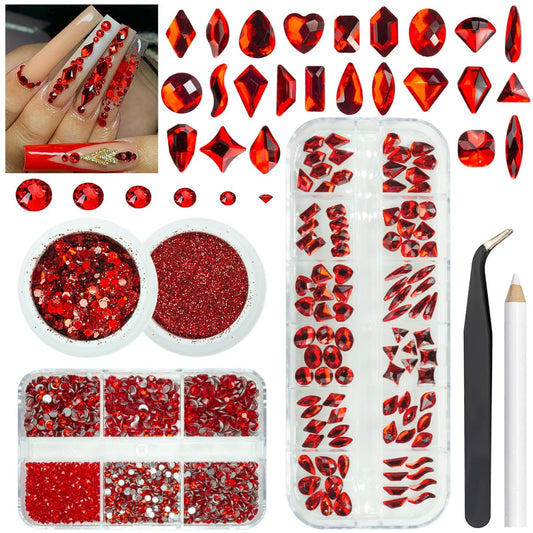 4 Boxes Siam Red Nail Rhinestones and Glitters, 24 Shapes K9 Glass Ruby Red Gems Flatback Round Stones Diamonds Crystals Nail Art Charms Supplies for Acrylic Nails Face Eyes Makeup DIY Crafts Clothes