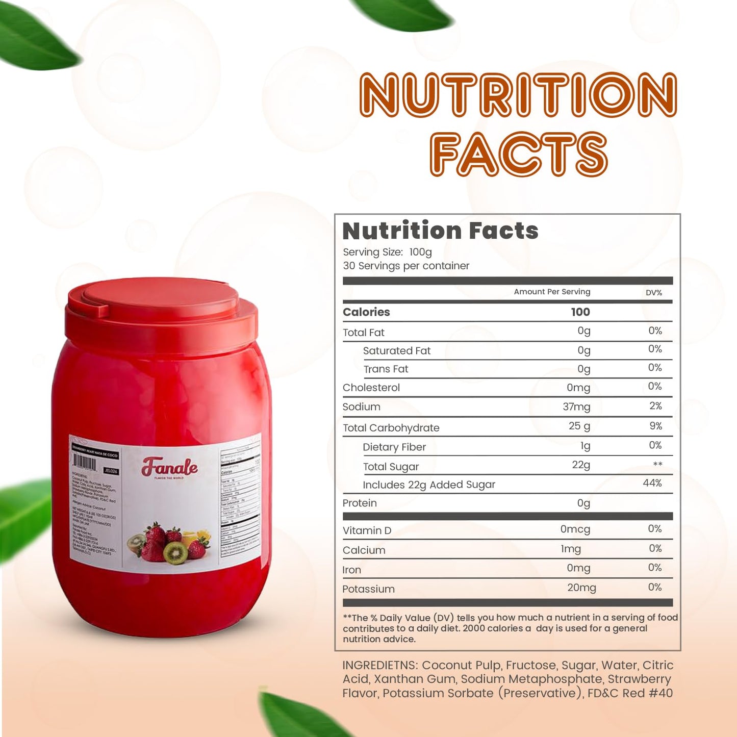 Fanale Coconut Jelly Topping nata de coco for Boba Tea | Ice Cream | Yogurt | Smoothie | Milk Tea | Desserts Strawberry Heart Shaped, 6.6 pound (Pack of 4) | JEL026-CS