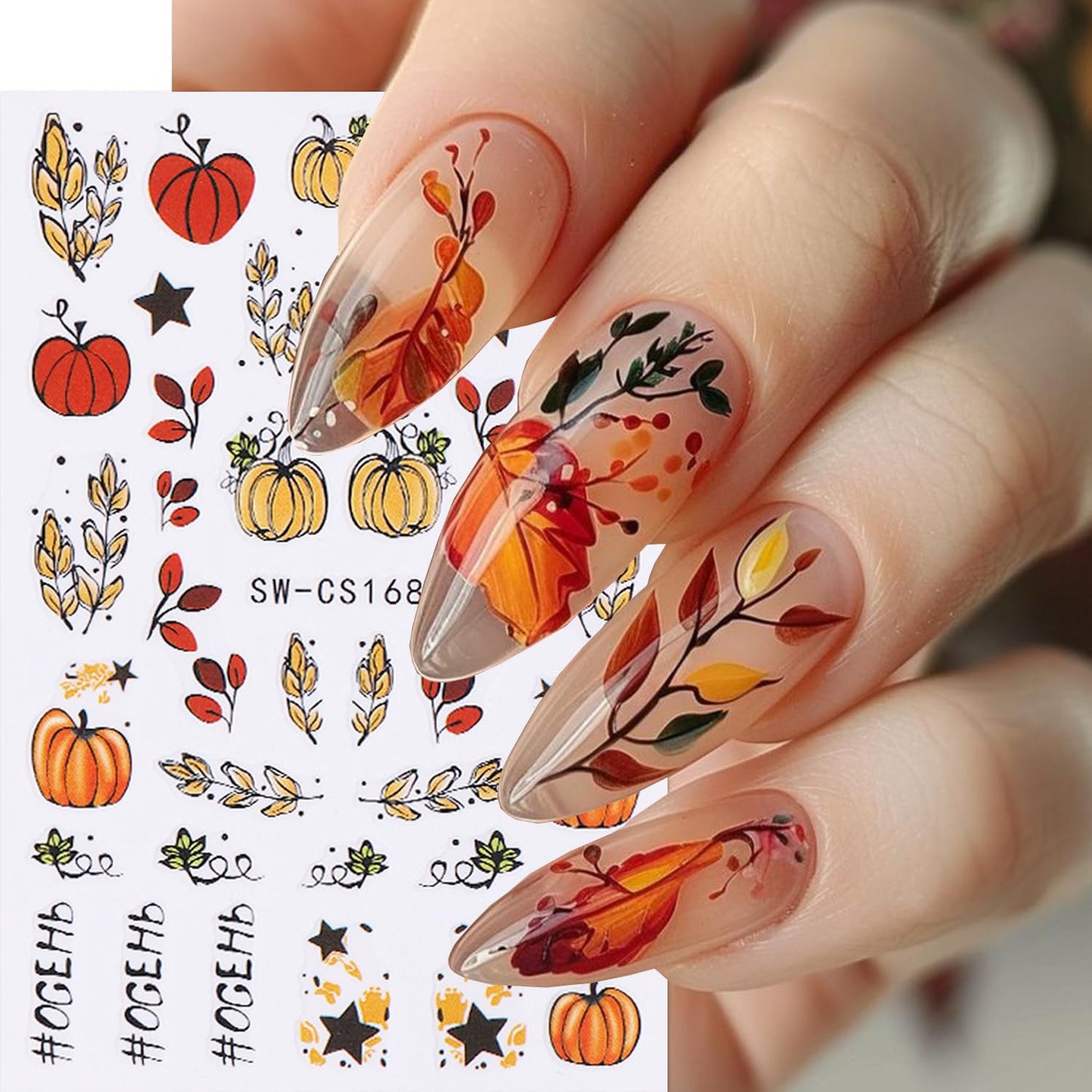 8 Sheets Fall Nail Art Stickers Autumn Maple Leaf Pumpkin Nail Sticker 3D Self-Adhesive Yellow Maple Leaves Nail Decals Designs Thanksgiving Day Holiday DIY Manicure Decoration Sticker for Women