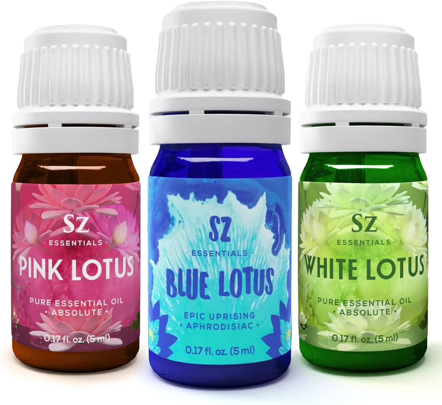 Divine Essential Oils Collection - Blue, Pink, White Lotus - Set of 3 Bottles (0.17 Fl Oz - 5ml Each) - 100% Pure, Natural & Undiluted - Therapeutic Grade & Vegan
