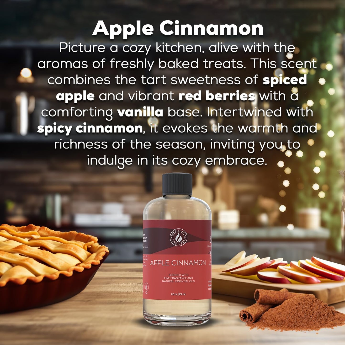 Aroma Country Apple Cinnamon Diffuser Oil - Luxury Essential Oils for Diffuser Refill & Air Freshener Room Spray - Long-Lasting & Natural Home Fragrance, Apple Cinnamon Scented Oil (8.5 Fl. oz)