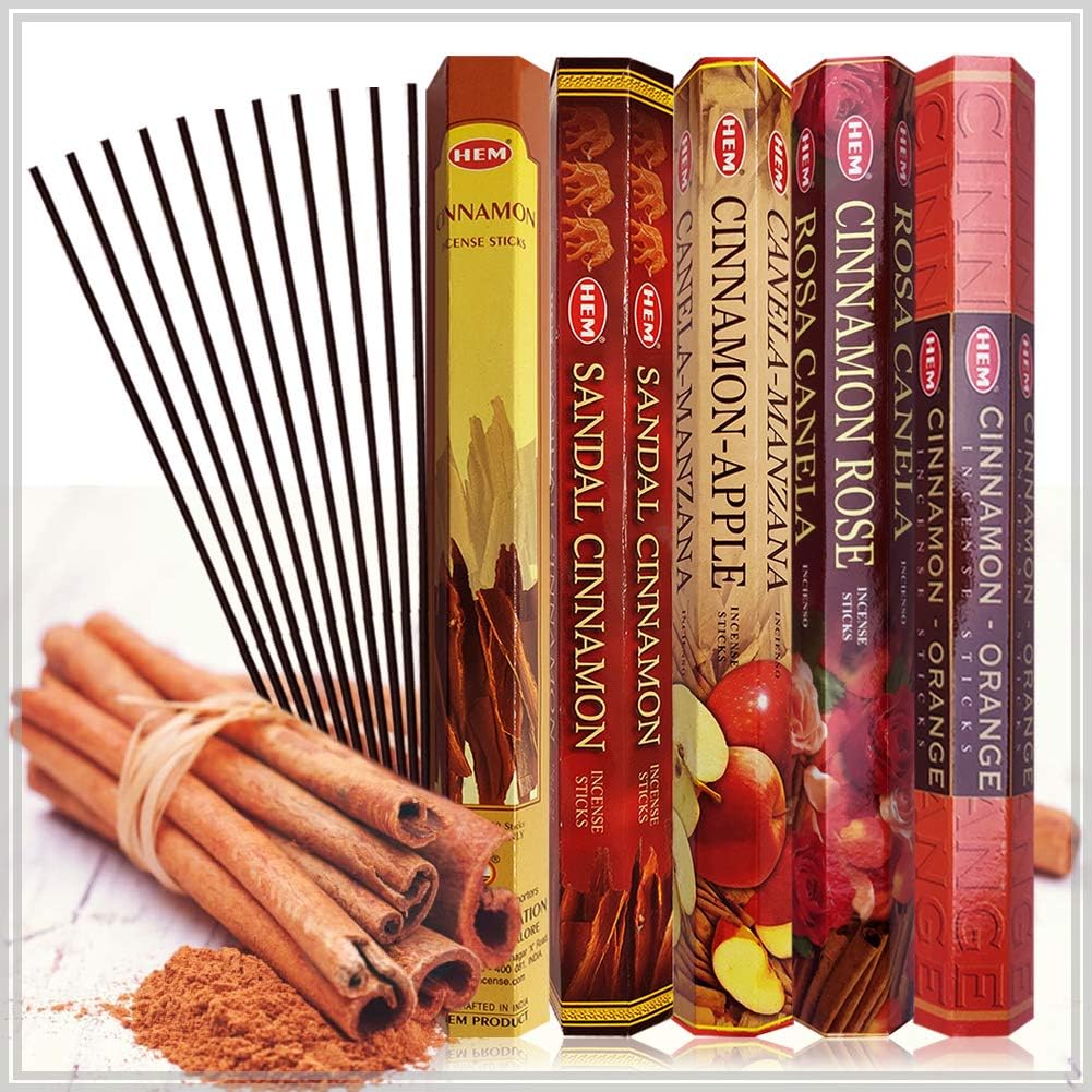 Hem Incense Sticks Variety Pack #8 and Incense Stick Holder Bundle with 5 Cinnamon Based Fragrances