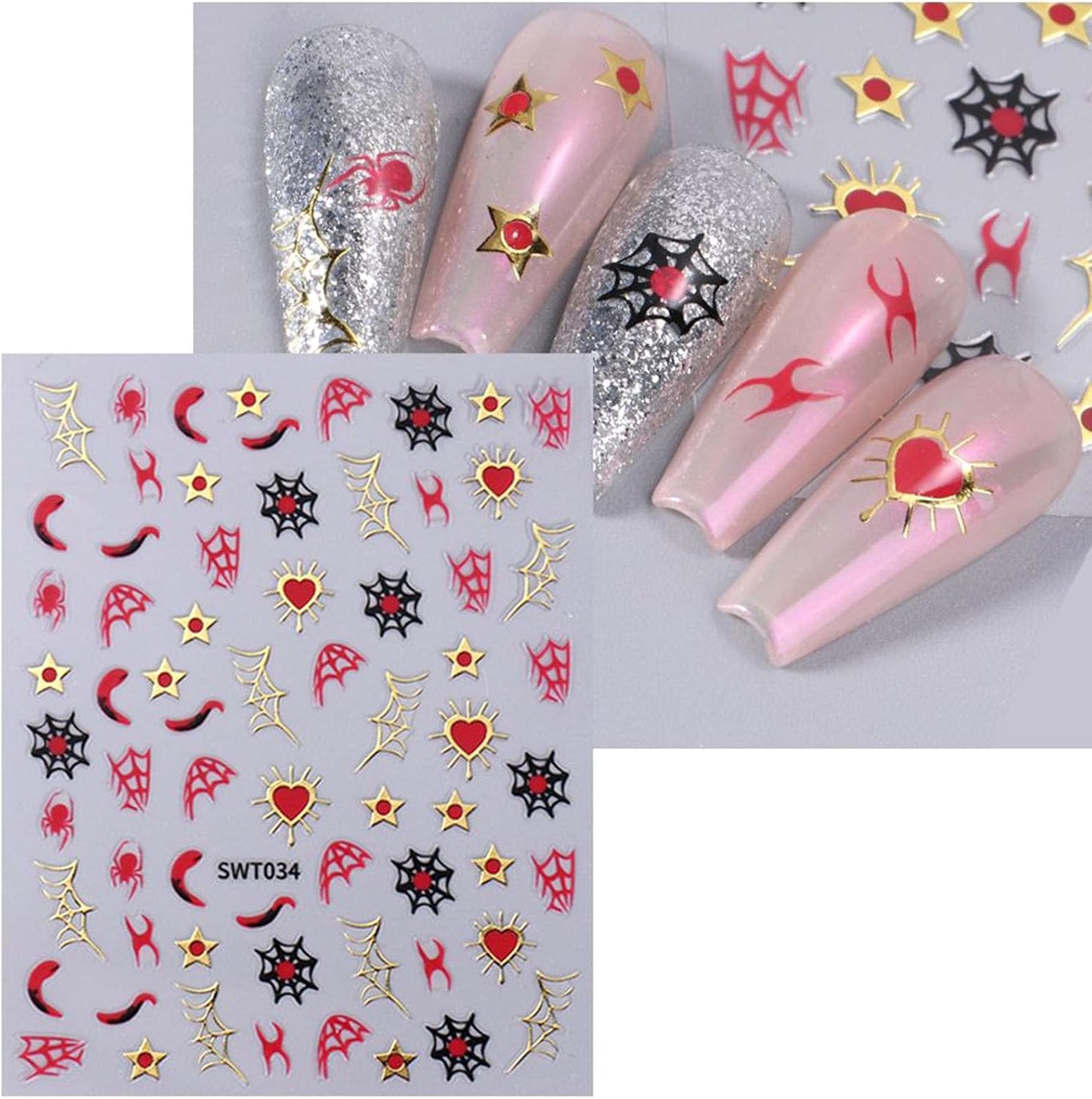 6 Sheets Halloween Nail Stickers Gold Silver Nail Decals for Nail Art Glitter Spider Nail Decals Spider Web Rose Stars Love Heart Design Nail Art Stickers for Women Girls DIY Nail Decorations
