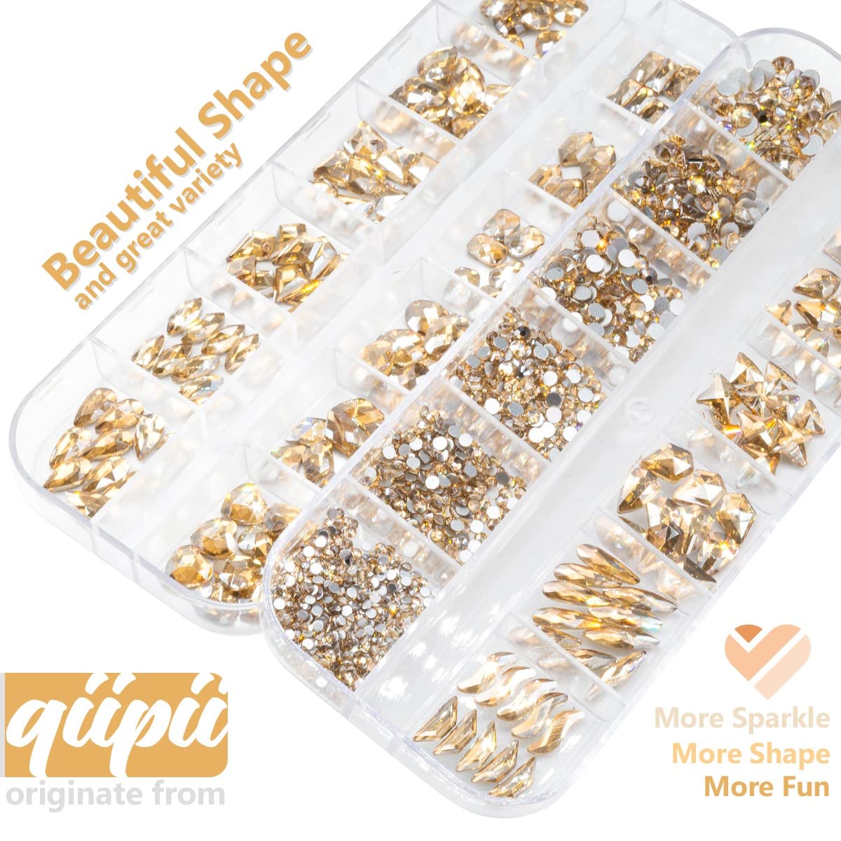 24 Styles Champagne Gold Nail Rhinestones Multi Shapes K9 Glass Flatback Crystals Gems Round Beads Stones Diamonds Jewels Nail Art Charms Supplies for Nails Face Eyes Makeup Crafts Clothes