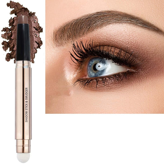 2 in 1 brown Eyeshadow stick and Sponge Makeup Brush, Smooth Cream Shimmer Shadow Pencil Long Lasting Waterproof Eye Shadow Highlighter Stick Makeup , Hypoallergenic Eyeshadow, Highlighter Eye Liner