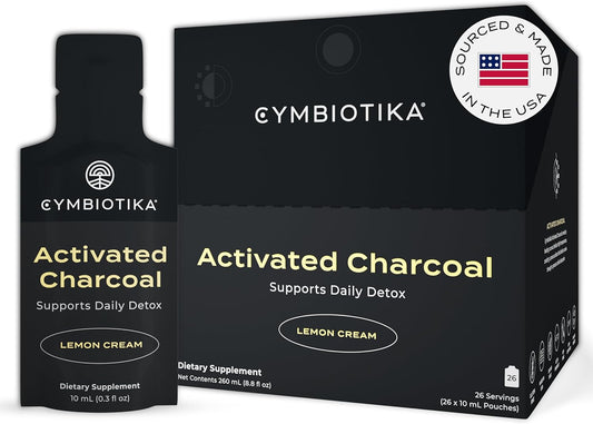 CYMBIOTIKA Activated Charcoal Liquid Supplement Packets from Coconuts for Bloating, Gut Health & Digestive Support, Helps Detox, Vitamin E, Lemon Cream Flavor, Vegan, 26 Pack