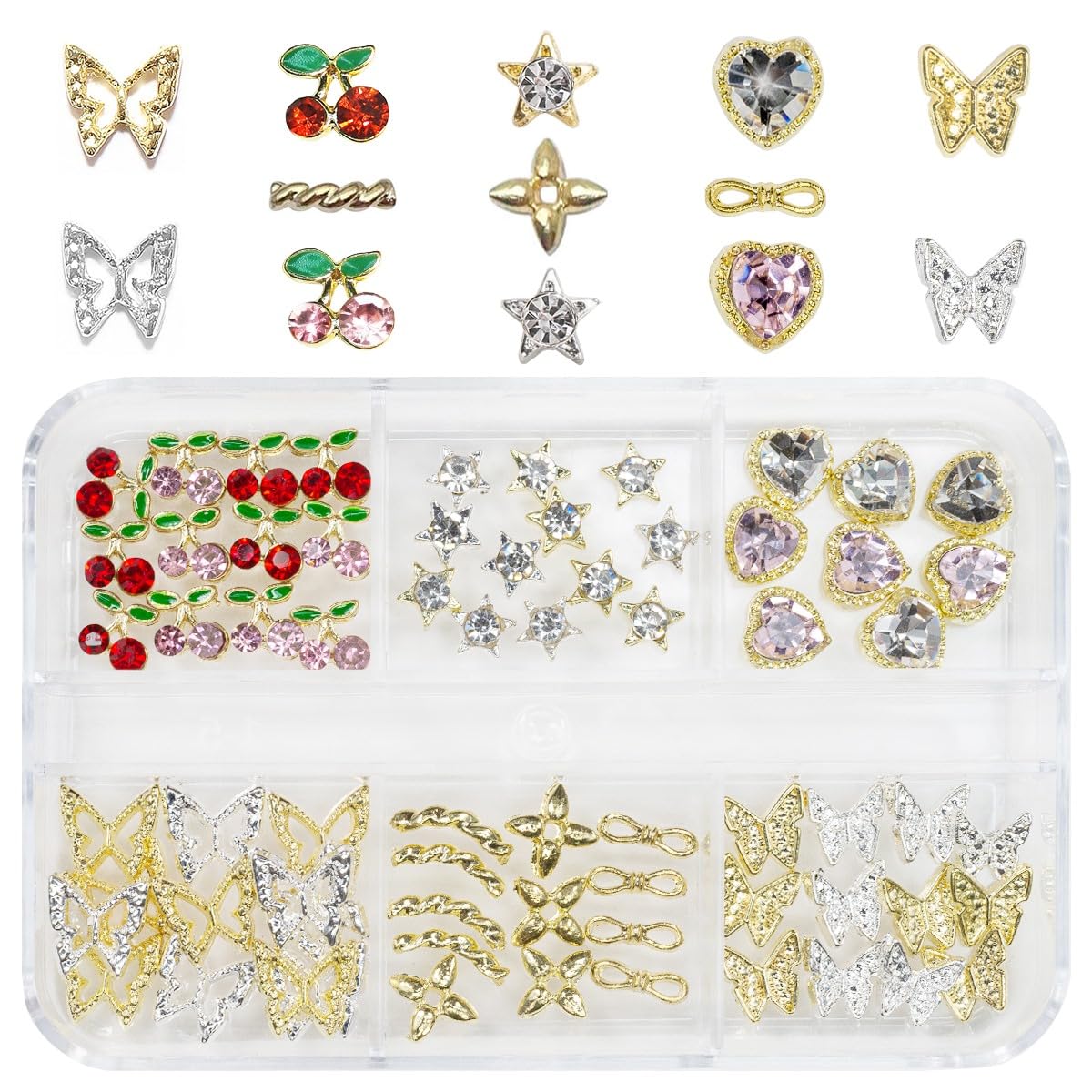 56 Pcs Cute Charms for Nails Cherry Butterfly Heart Star Kawaii Crystals Pink Red Rhinestones Gems Golden Silver 3D Alloy Studs Nail Art Charms for Acrylic Nails Crafts Tumblers Bottles Shoes