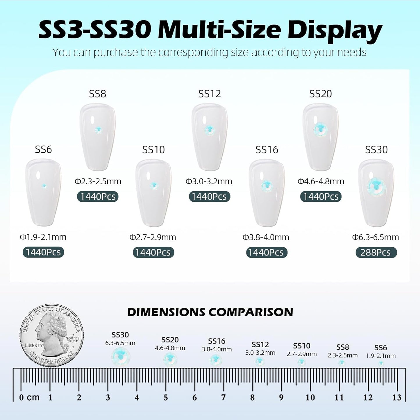 F White Flatback Rhinestones, Glass Rhinestones for Nail Art and Craft, Glue Fix, Loose Crystal Gemstones(F White, SS30, 288pcs, 6.4-6.6mm)