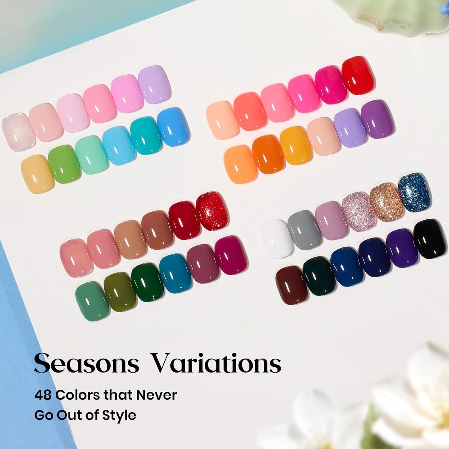 Beetles Gel Nail Polish Set - Seasons Variations 48 Colors Gel Polish Kit Brown Nude Pink Red Blue White Color with Base Top Coat Home DIY Soak Off Nail Art Salon Manicure Starter Kit Gift for Women