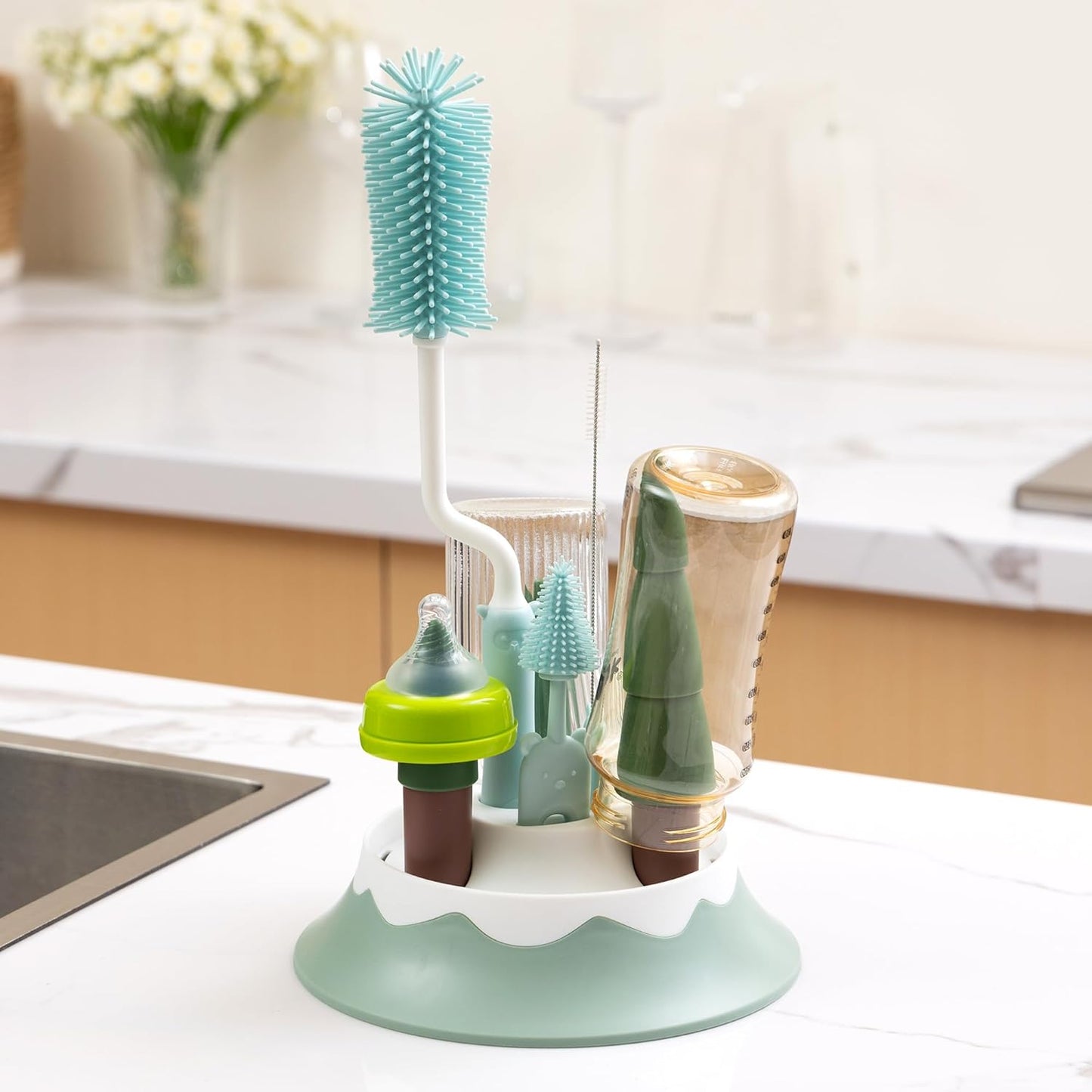 Baby Bottle Drying Rack and Cleaning Set, with Spinning Silicone Baby Bottle Brush, Pacifier Brush, Straw Brush, Cup Lid Cleaning Brush, 2025 Xmas Holiday Surprise Gift for Newmom, Pink