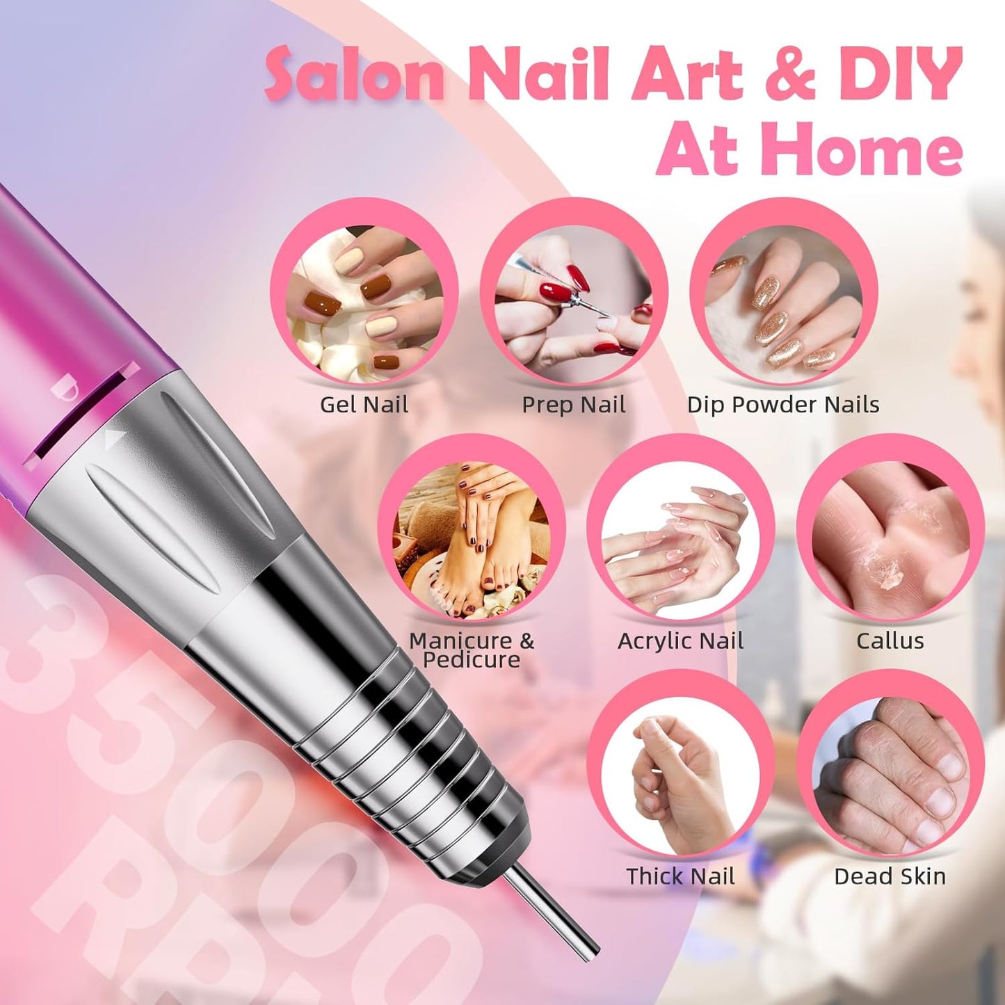 CIVPOWER Nail Drill Professional: 35000RPM Electric Nail File - Portable Rechargeable LED Display Nail Tool Kit- Manicure Pedicure Salon Home DIY Pink