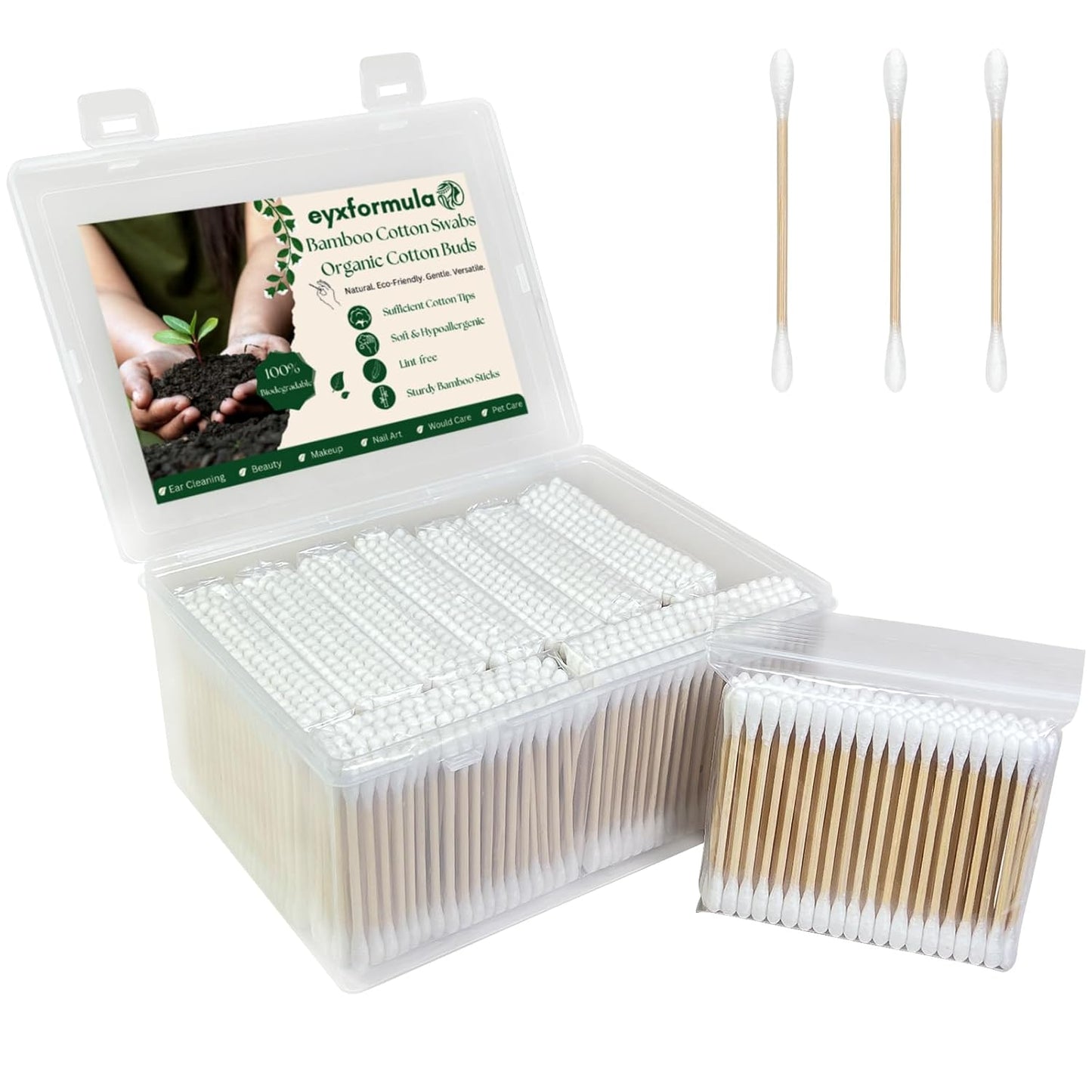eyxformula 1000 Count Organic Cotton Swabs, Double Tips Biodegradable Cotton Buds with Sturdy Bamboo Sticks for Ear Cleaning, Makeup, Hygiene, Beauty, Pet Care, Arts & Crafts, Household Cleaning