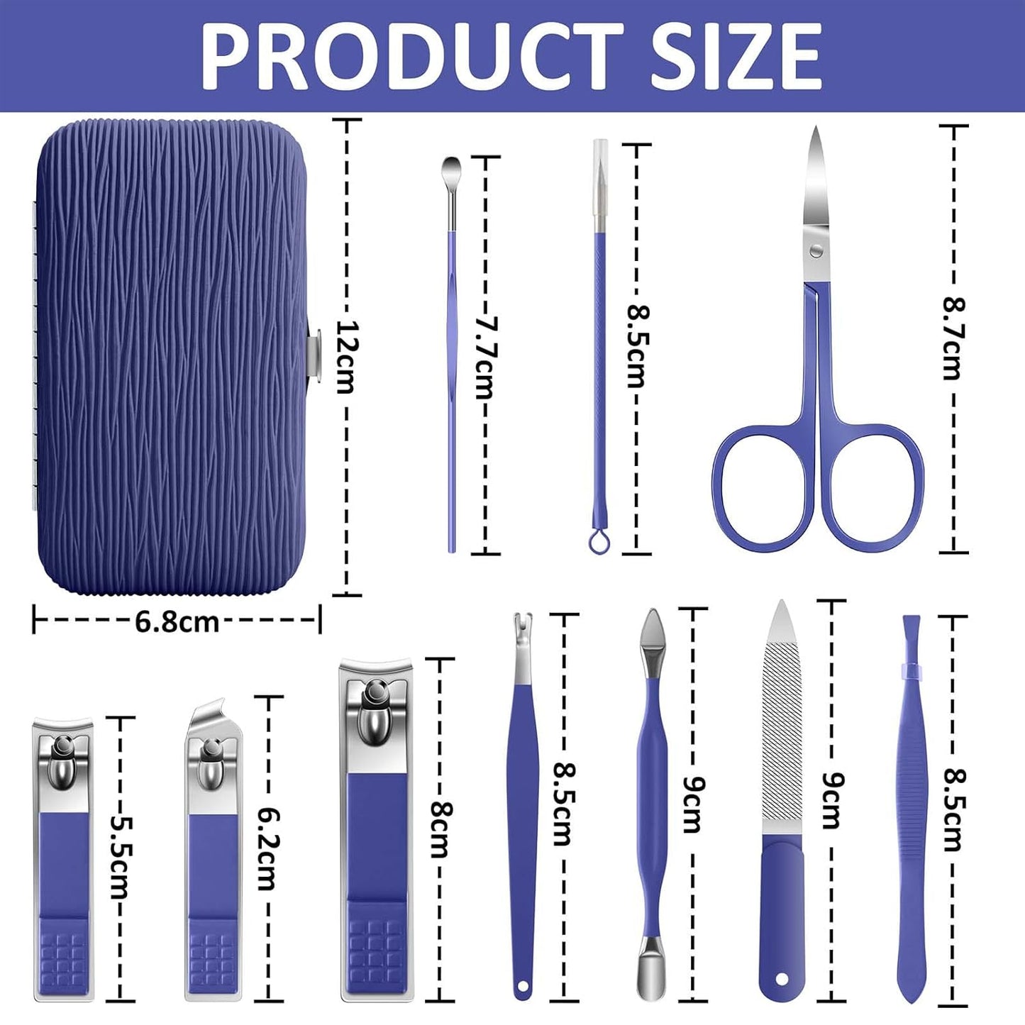 BLESWIN Manicure Set, 10 in 1 Professional Manicure and Pedicure Kit, Nail Care Kit for Women, Mens Nail Grooming Kit, Portable Nail Clipper Set Blue Leather Case for Travel Home