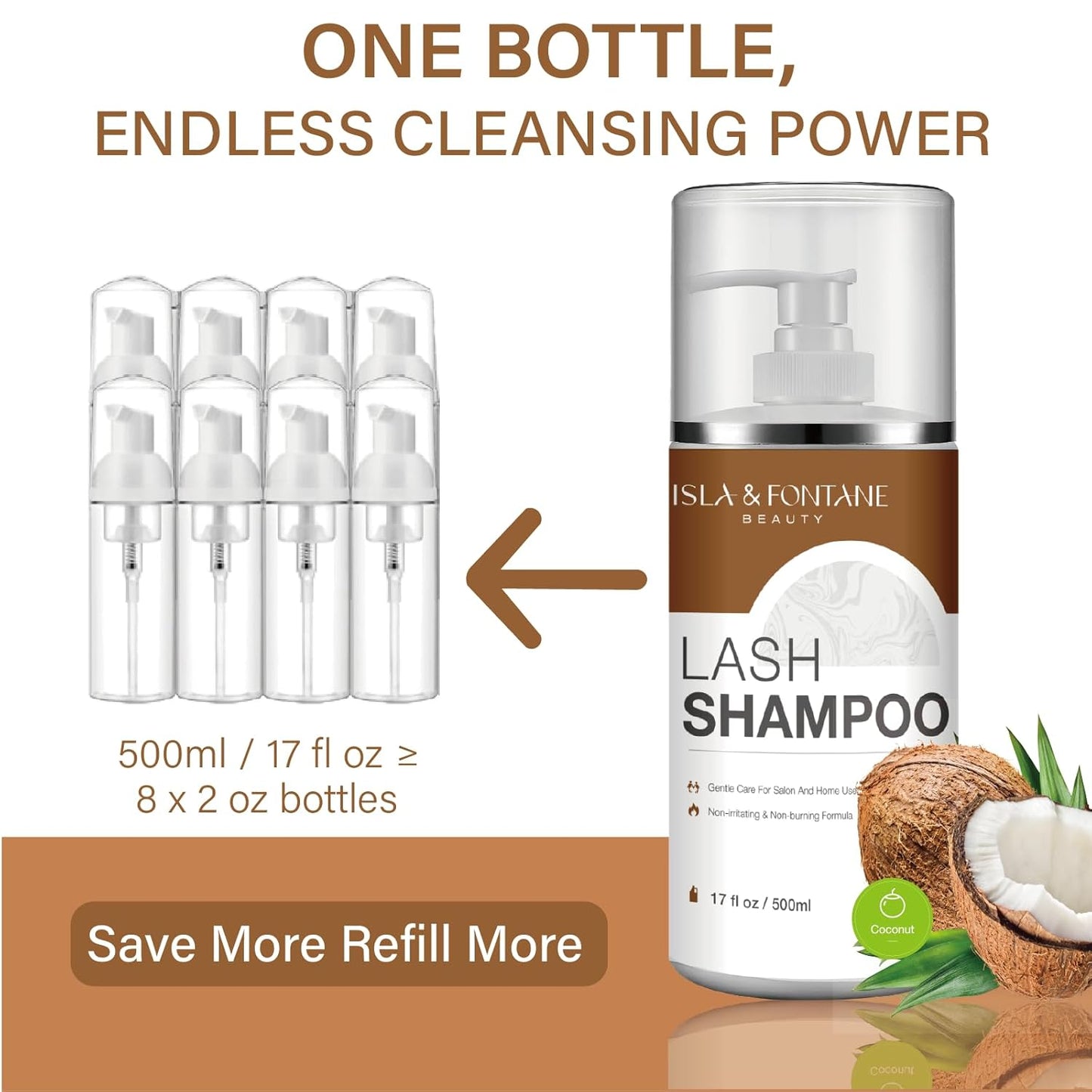 ISLA & FONTANE Lash Shampoo Bulk – Multi-Scent Series – 17 fl oz / 500ml | Gentle Eyelash Cleanser for Lash Extensions | Non-Irritating | Professional Lash Bath Foam For Salon And Home Use (Coconut)