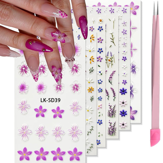 Flower Nail Art Stickers 5D Embossed Flower Nail Decals Spring Summer Pink Flowers Nails Design 3D Self-Adhesive Accessories for Women Nails DIY Decoration(6 Sheets)