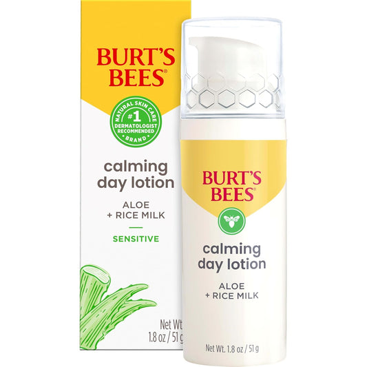 Burt's Bees Back To School Dorm Essentials, Calming Day Face Lotion With Aloe and Rice Milk, Soothing Face Lotion for Sensitive Skin, 98.9 Percent Natural Origin Skin Care, 1.8 oz. Bottle