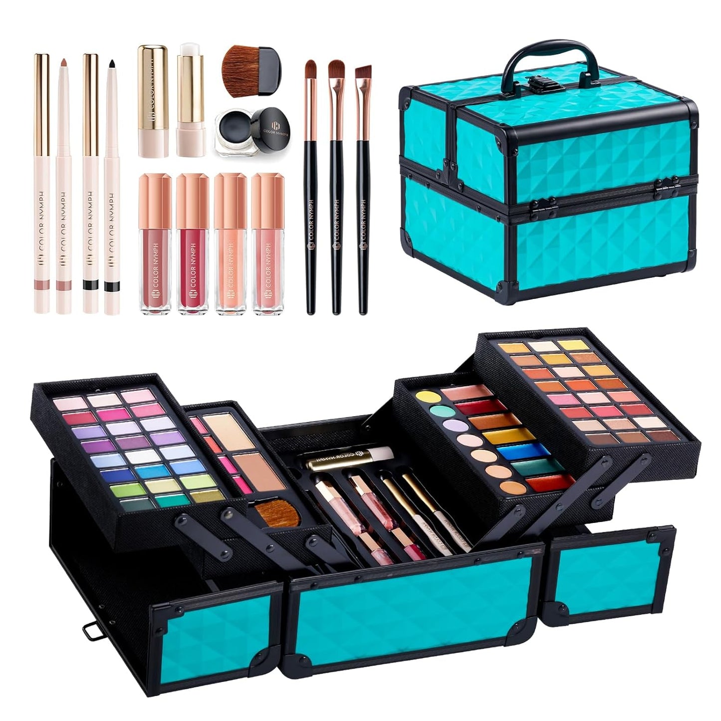 Color Nymph All In One Makeup Kit Comestics Gifts for Girls Teens, Travel Makeup Set 4 Trays Train Case for Beginner Includes Eyeshadow Highlighter Lipgloss Blush Concealer Brush Eyeliner Lipbalm
