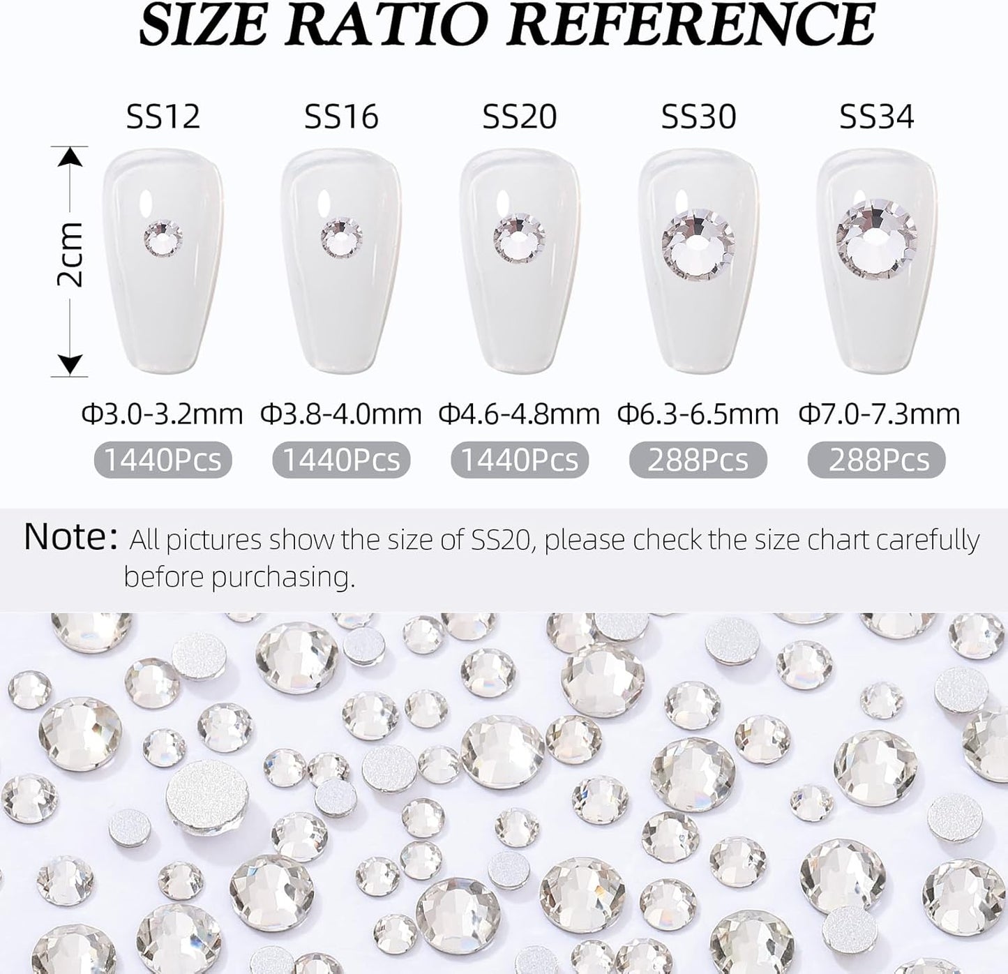 Crystal Clear Flatback Rhinestones, Glass Rhinestones for Nail Art and Craft, Glue Fix, Loose Crystal Gemstones(Crystal, SS12, 1440pcs, 2.9-3.0mm)