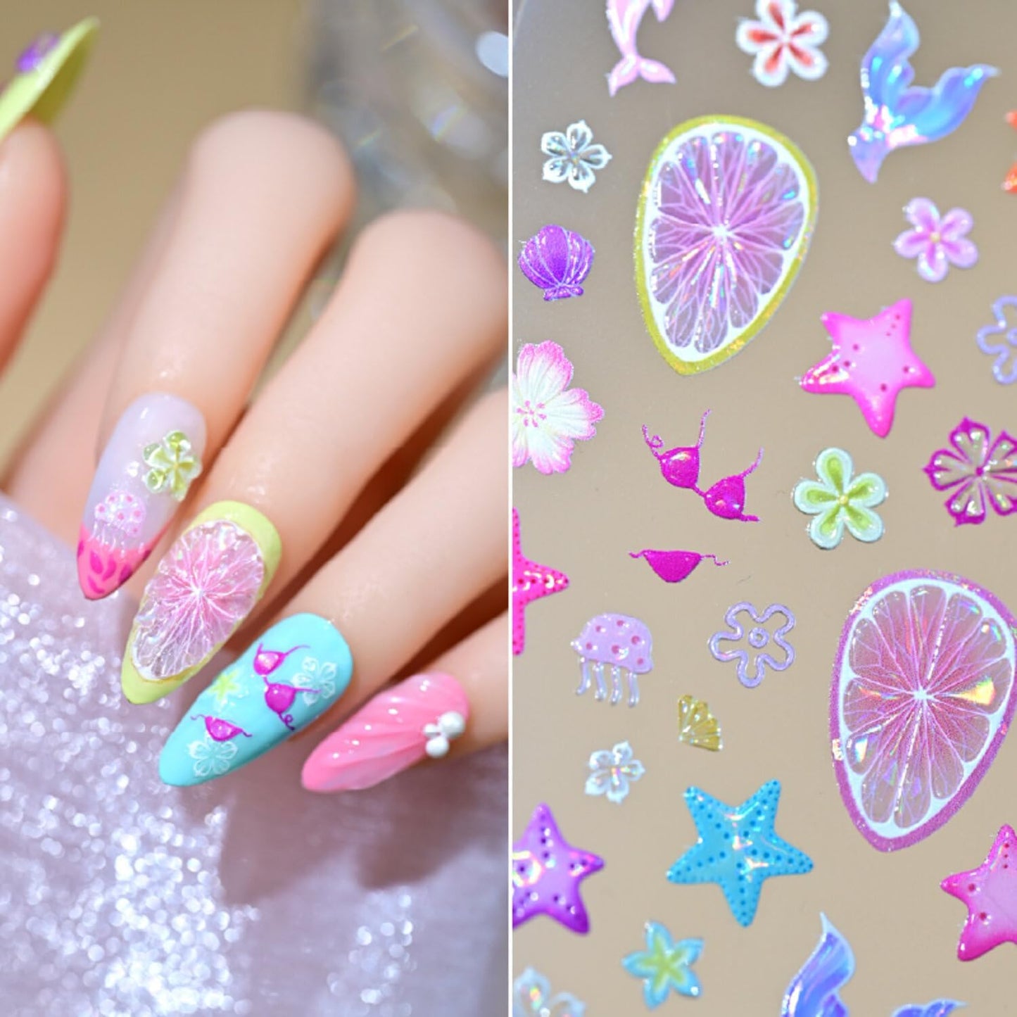 5D Embossed Ocean Life Nail Art Stickers Decals Self Adhesive Seashell Starfish Nail Decals Sea Colorful Designs Summer Nail Stickers Mermaid Manicure Sliders for Women DIY Nail Art Decorations