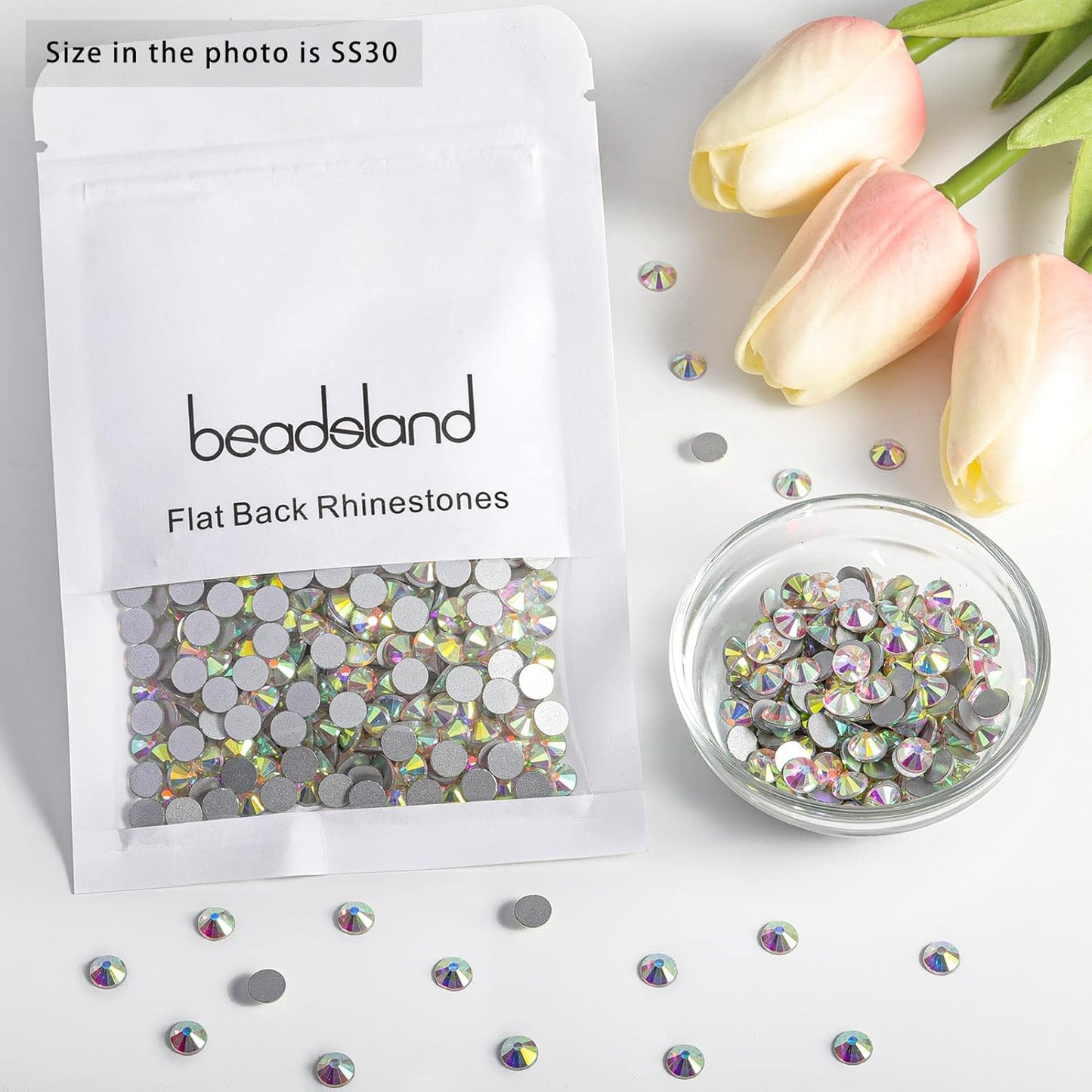 beadsland Flat Back Crystal Rhinestones Round Gems for Nail Art and Craft Glue Fix, CrystalAB (6.4-6.6mm) SS30/288pcs