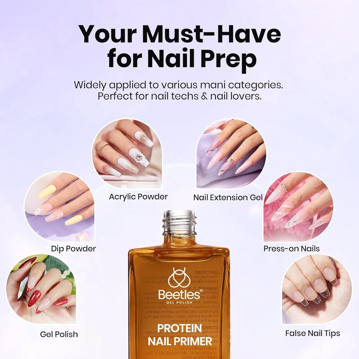 Beetles Nail Primer 15ml Protein Nail Prep for Gel Nail Polish, Upgraded Formula 2 in 1 Nail Bond No Lifting, Peeling, HEMA Free & Acid Free for False Nail Tips Acrylic & U V Gel Gifts for Women