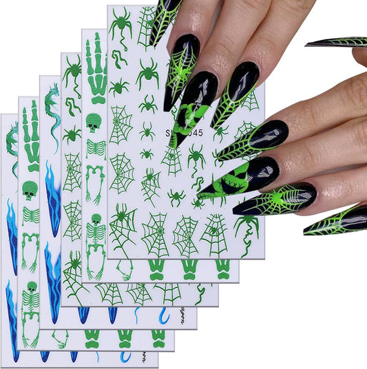 6 Sheets Halloween Nail Art Stickers 3D Self -Adhesive Luminous Skeleton Head and Hand Nail Decals Holographic Spider Web Snake Nail Stickers Halloween Nail Decoration for Women Manicure Supplies