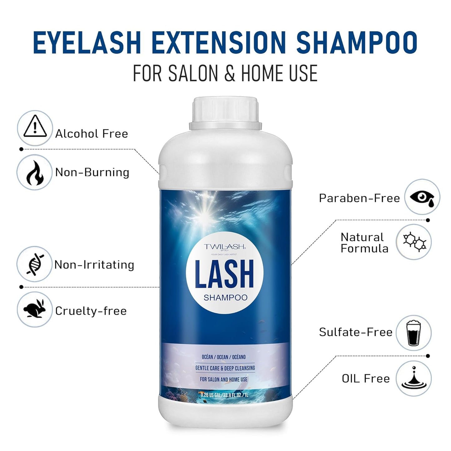 Lash Shampoo Bulk, Eyelash Cleanser for Extensions 1 Liters, Safe Makeup Remover, Non-irritating or Burning Formula Eyelid Foaming Cleanser for Professional Salon and Home Use (Ocean-1L)
