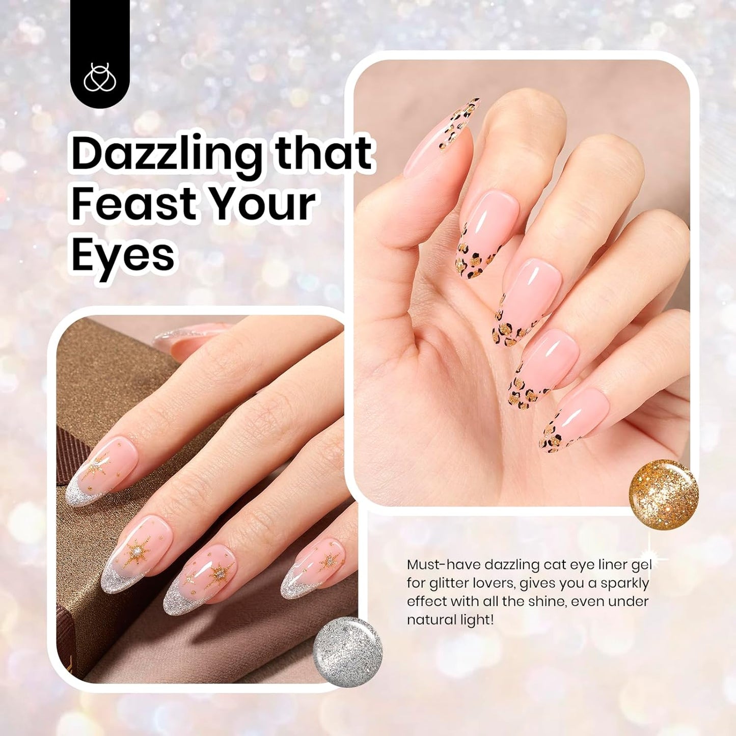 Beetles Nail Art Polish- 2 Colors Cat Eye Liner Gel Polish Gold Sliver Glitter Gel Nail polish Soak Off UV Built Thin Nail Brush in Bottle Gifts for Women