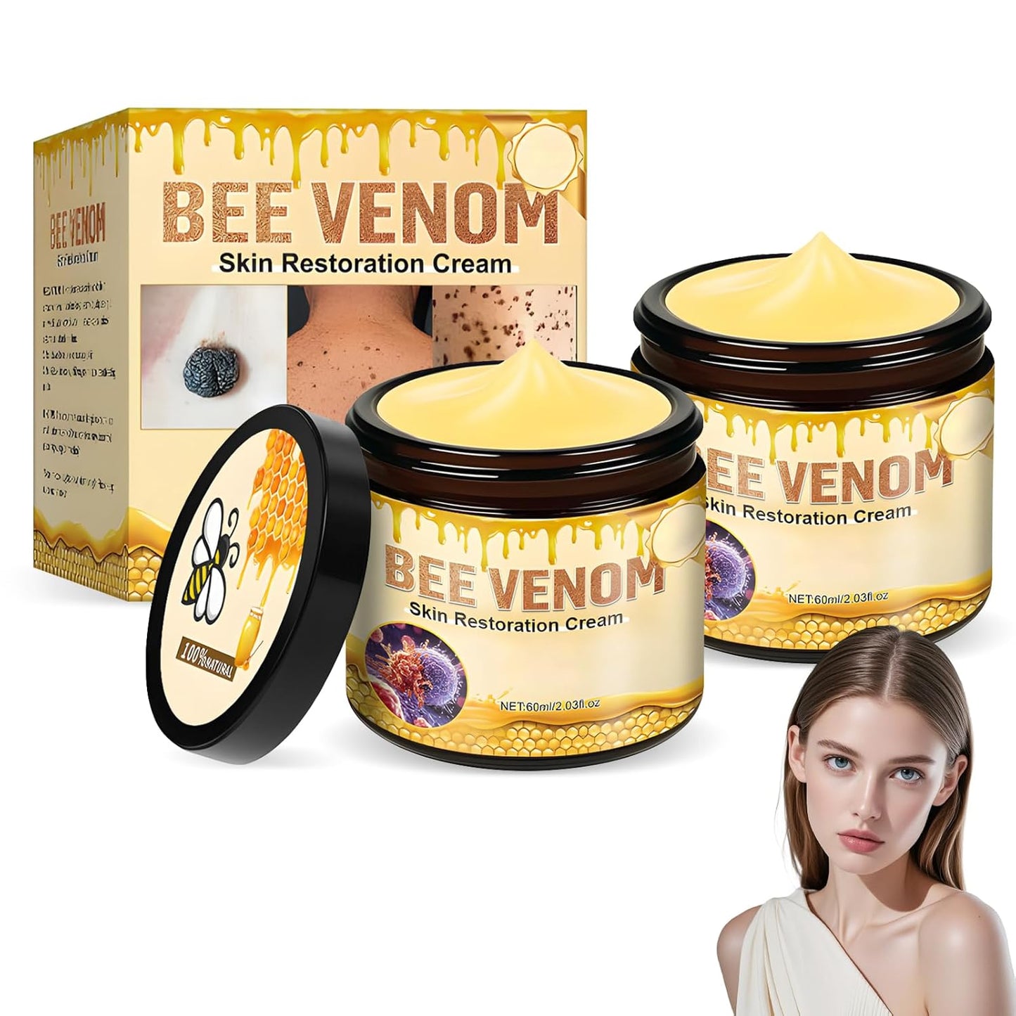 2PCS Bee Venom Skin Restoration Cream, Bee Venom Treatment Cream, Skin Treatment for Firming, Wrinkle Reduction & Moisturizing, Suitable for All Skin Types